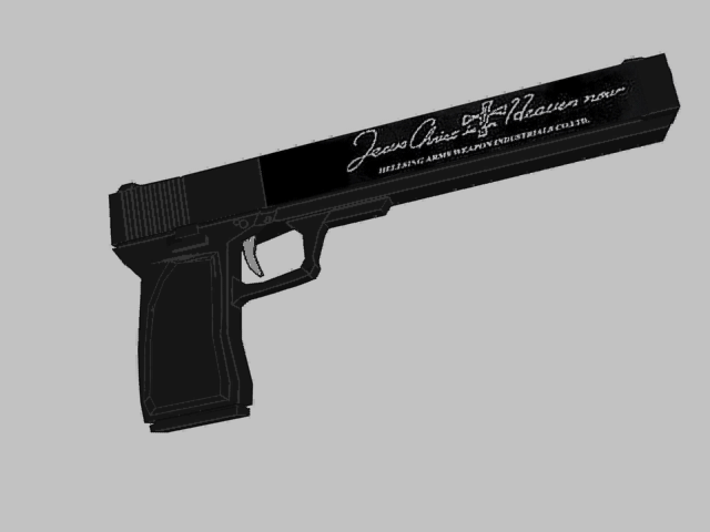 Jackal, Eiser's customized 13mm automatic armor piercing of explosive rounds. It weighs 16kg with a length of 390mm and a magazine of 7 rounds total. Inscription: Jesus Christ is in Heaven now HELLSING ARMS WEAPON INDUSTRIAL CO.LTD. Jackal, Eiser's customized 13mm automatic armor piercing of explosive rounds. It weighs 16kg with a length of 390mm and a magazine of 7 rounds total. Inscription: Jesus Christ is in Heaven now HELLSING ARMS WEAPON INDUSTRIAL CO.LTD.